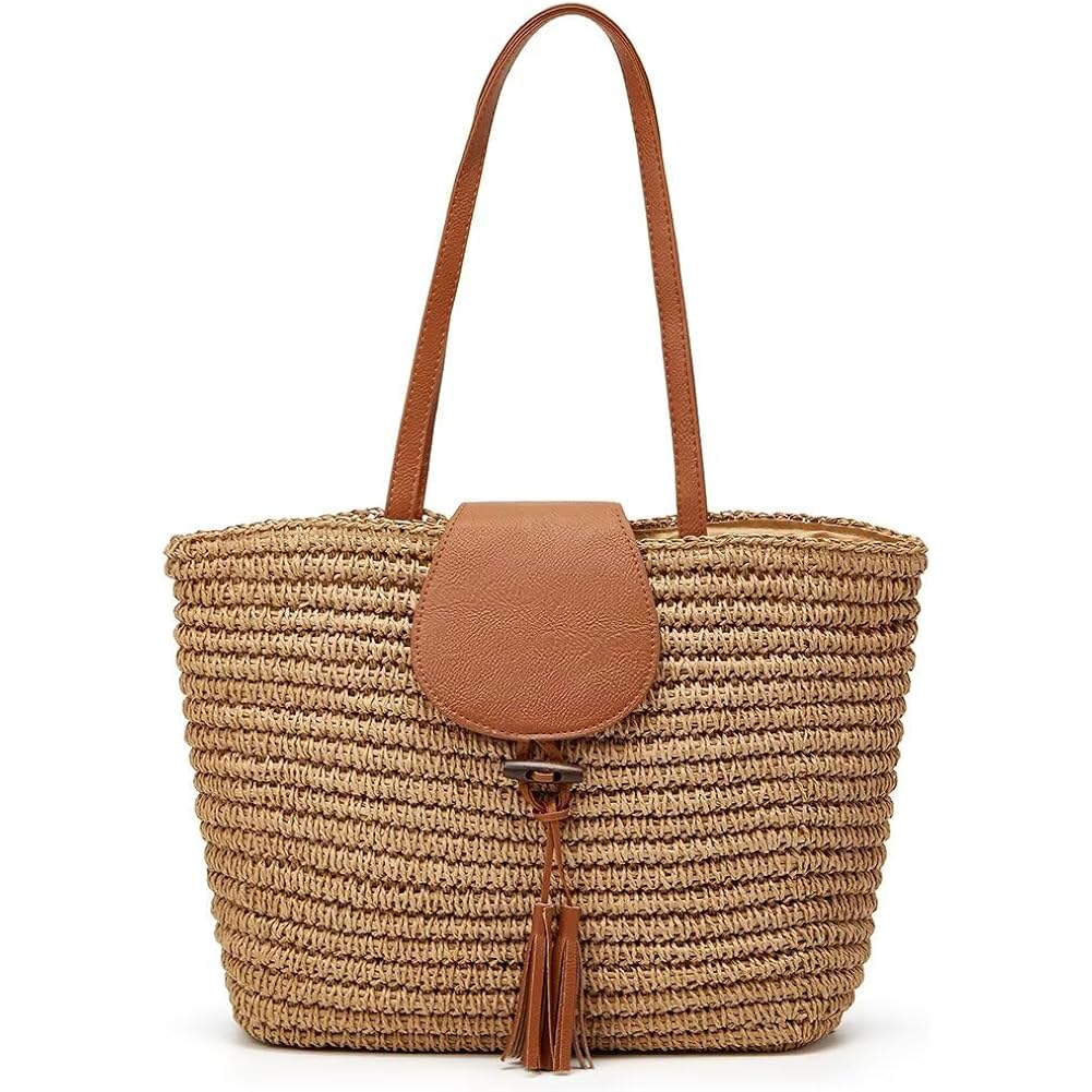 Summer Hand-Woven Straw Shoulder Bags For Women Large Woven Beach Tote Purse Vacation Top Handle Handbags With Tassel