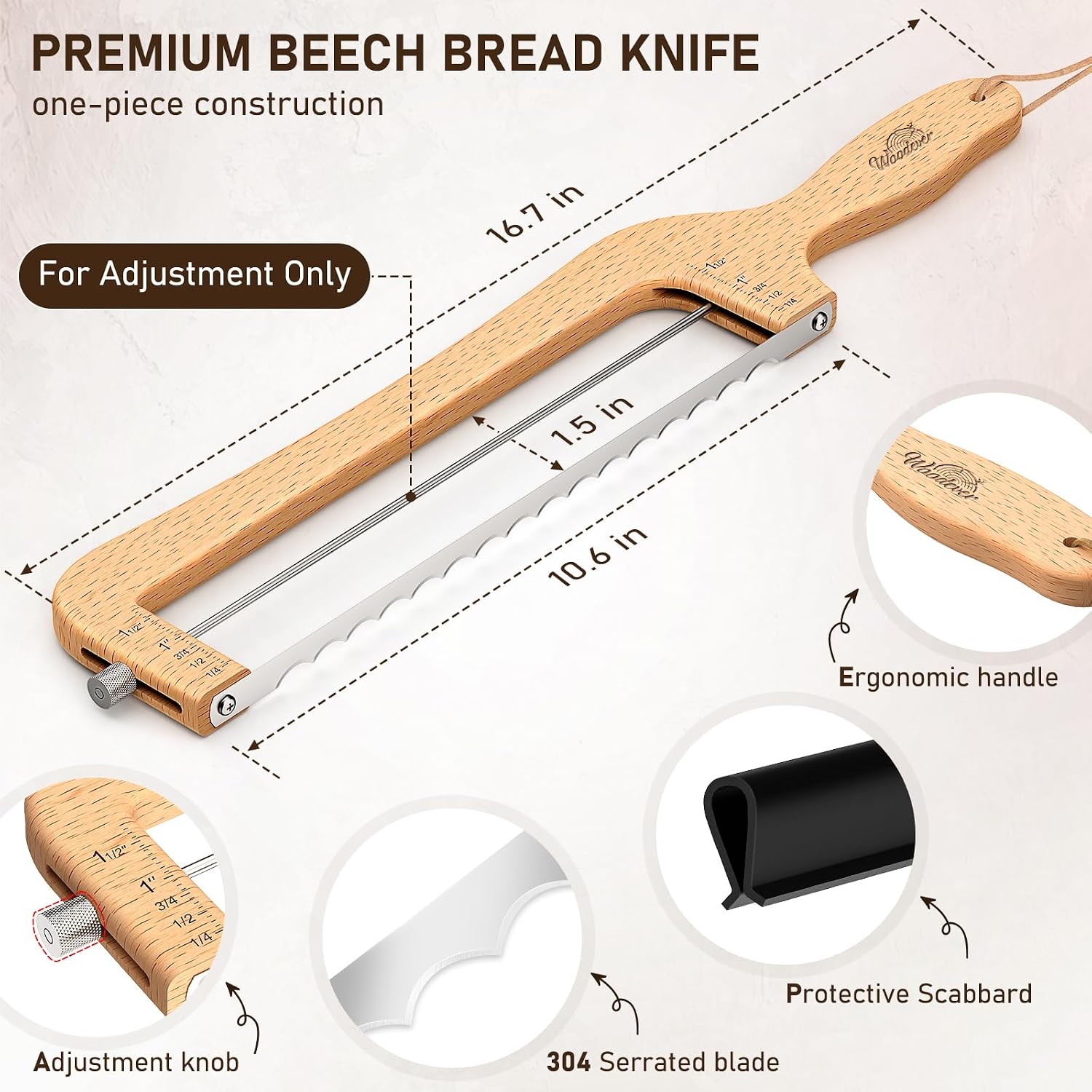 Adjustable Bread Knife For Home Use, Wooden Sourdough Bread Slicer For Homemade Bread With Bow Design, Premium Stainless Serrated Bread Cutter For Bagels And Baguettes-Natural