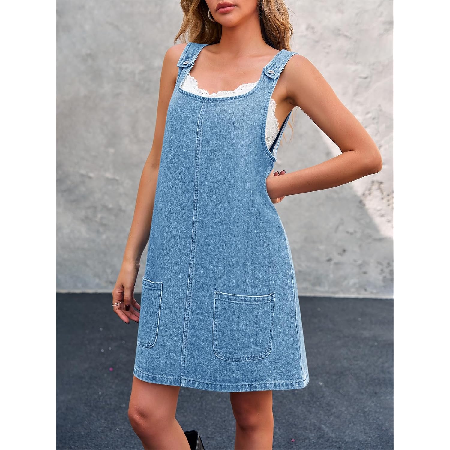 Bzb Women'S Sleeveless Casual Denim Dress Crewneck Vintage Loose Jean Overall Dress With Pockets