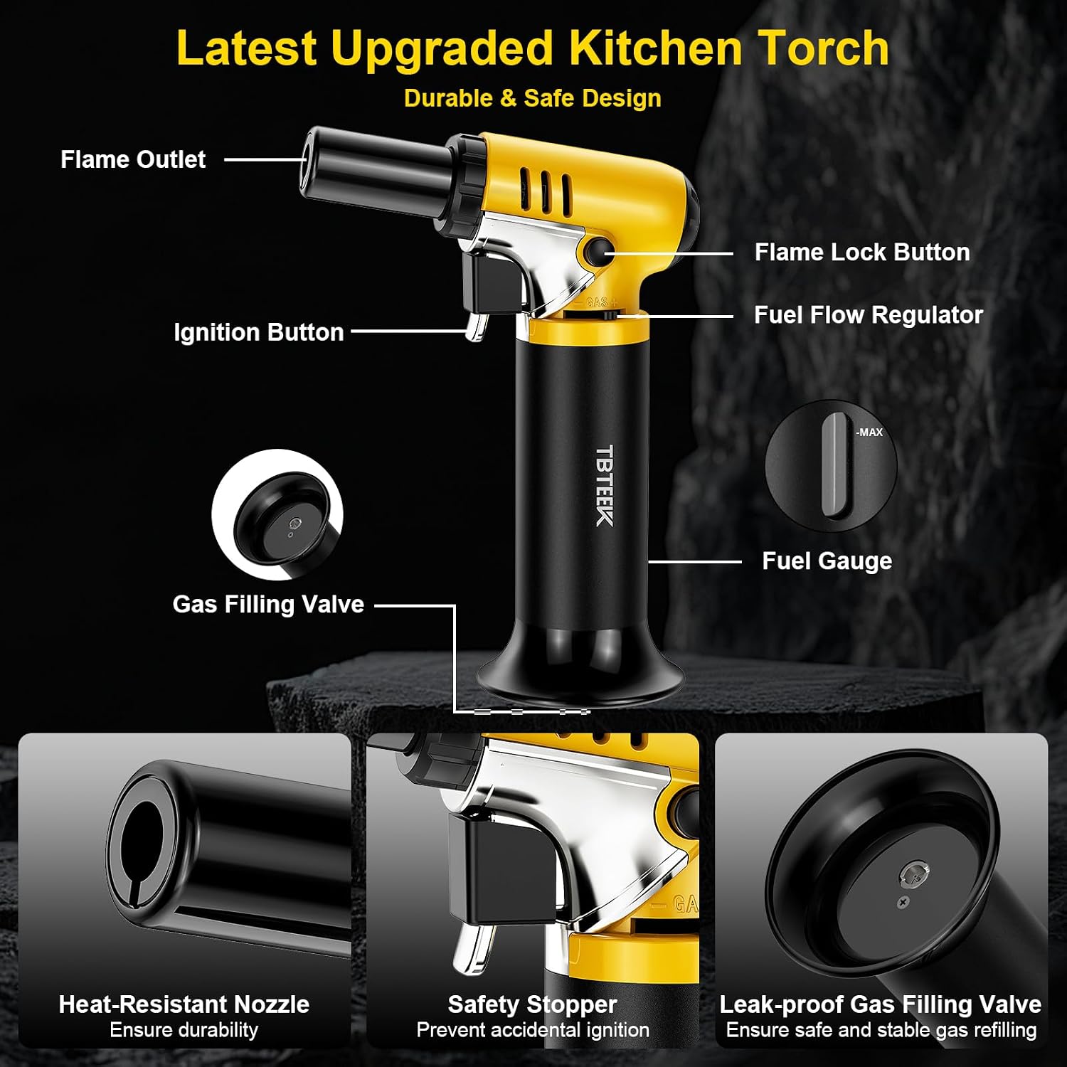 Butane Torch With Fuel Gauge T907, One-Hand Operation Kitchen Torch Lighter With Adjustable Flame For Bbq, Baking, Brulee Creme, Crafts And Soldering(Butane Gas Not Included)