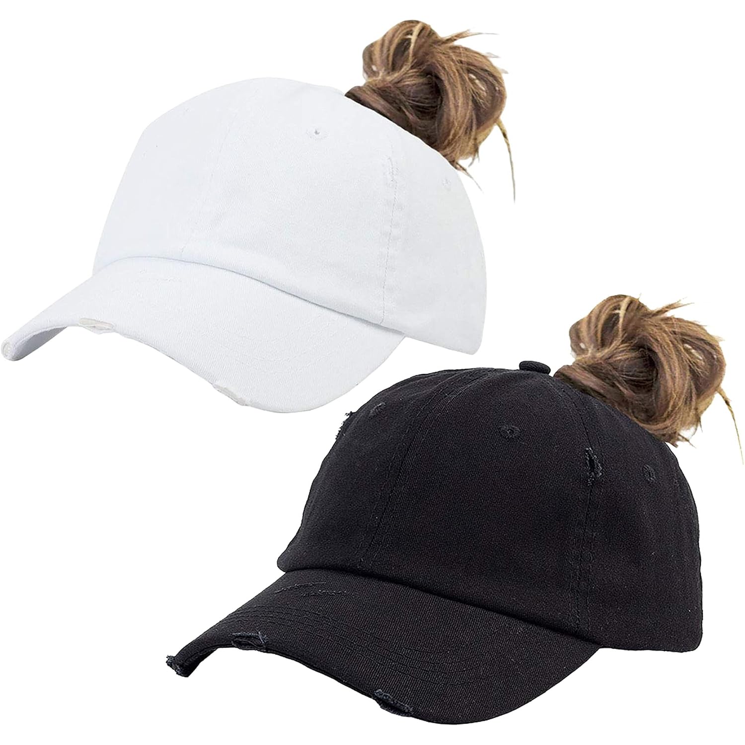 Ponytail Baseball Hat Distressed Retro Washed Womens Twill Black+white