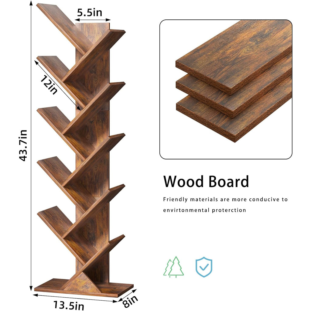 10 Tier Tree Book Shelf, Floor Standing Wood Bookshelf For Narrow Space, Storage Organizer Bookshelves For Books/Cds/Magazine, Bookcase With Shelves For Home Office, Living Room - Brown