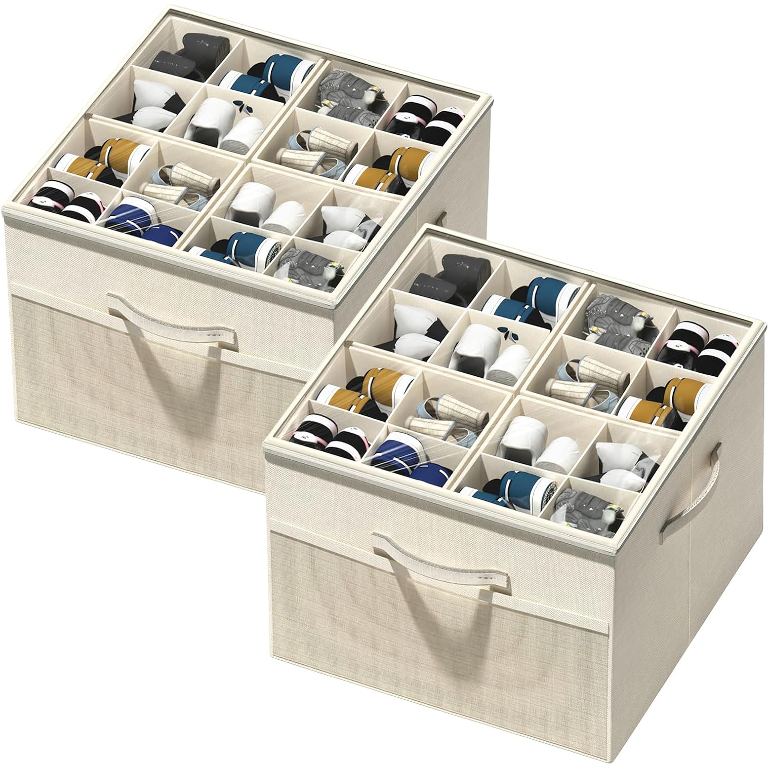 Shoe Organizer For Closet, Foldable Shoe Storage With Adjustable Dividers | Fabric Shoe Storage Organizer Box Bin With Adjustable Dividers And Clear Cover, Fits Up To 16-32 Pairs