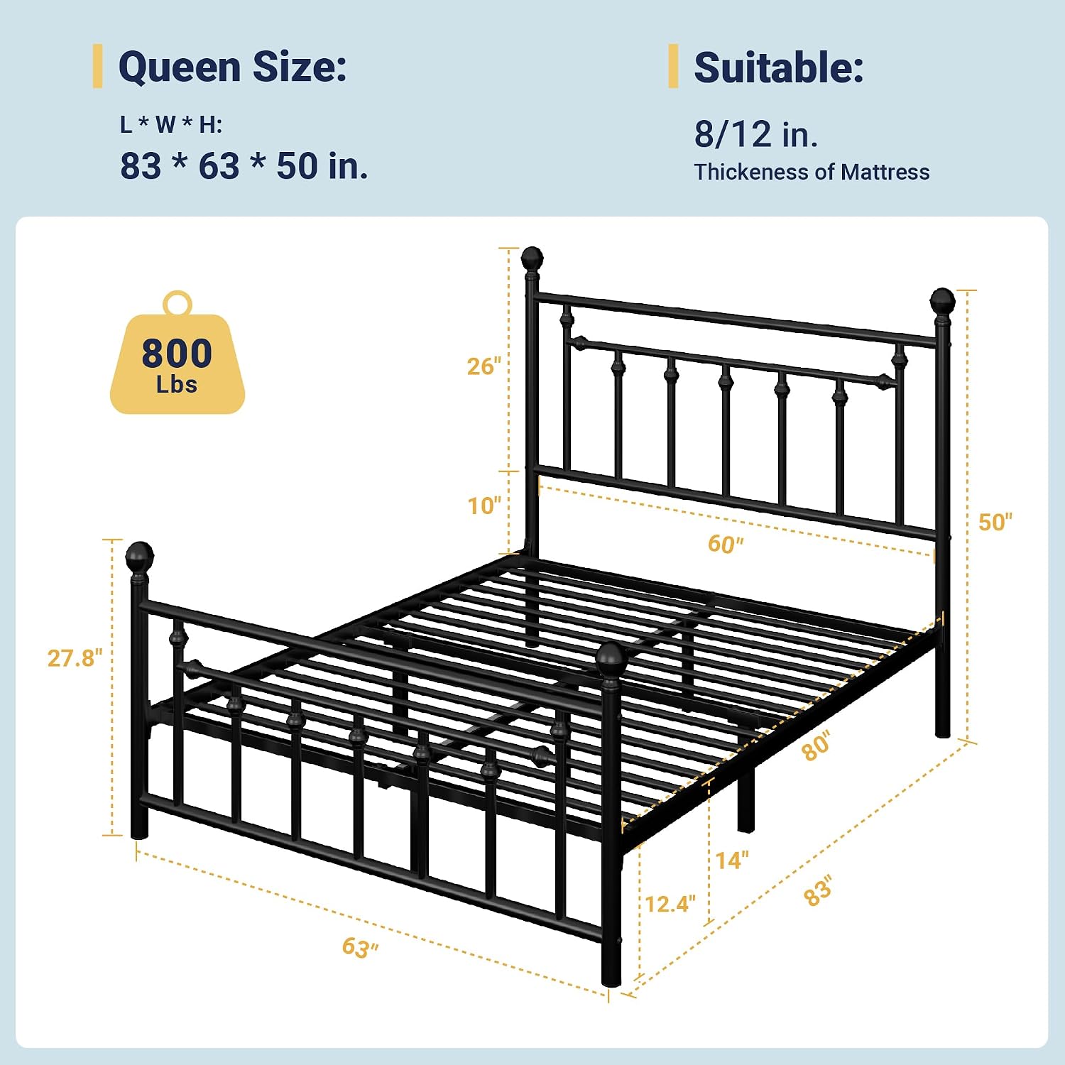 Allewie 14 Inch Queen Size Metal Platform Bed Frame With Victorian Vintage Headboard And Footboard/Mattress Foundation/Under Bed Storage/No Box Spring Needed/Easy Assembly/Noise Free/Black