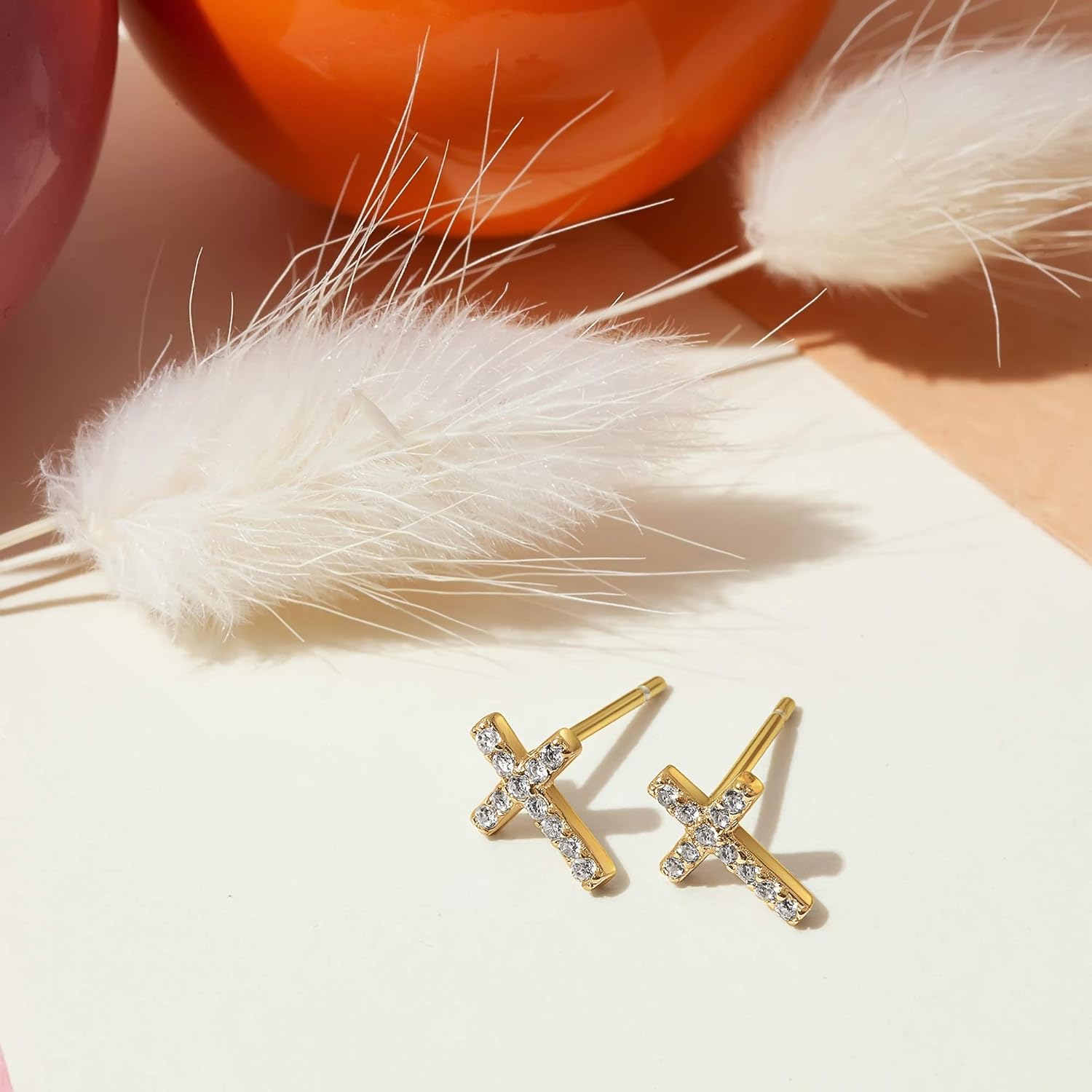 PAVOI 14K Gold Plated 925 Sterling Silver Posts Cross Earrings for Women | Small Religious Faith Cubic Zirconia Cross Studs Huggies Earrings