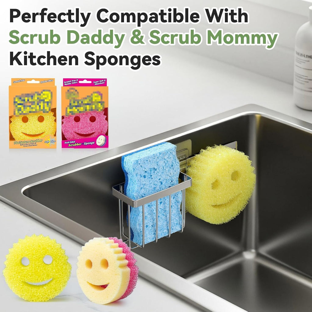 [Space Saving] Sponge Holder For Kitchen Sink, Great For Scrub Daddy / Scrub Mommy Sponges, Rust-Proof Sink Sponge Caddy Organizer For Dish Brush, Scrubber - 2 Mounting Options (Suction Cups & Hooks)