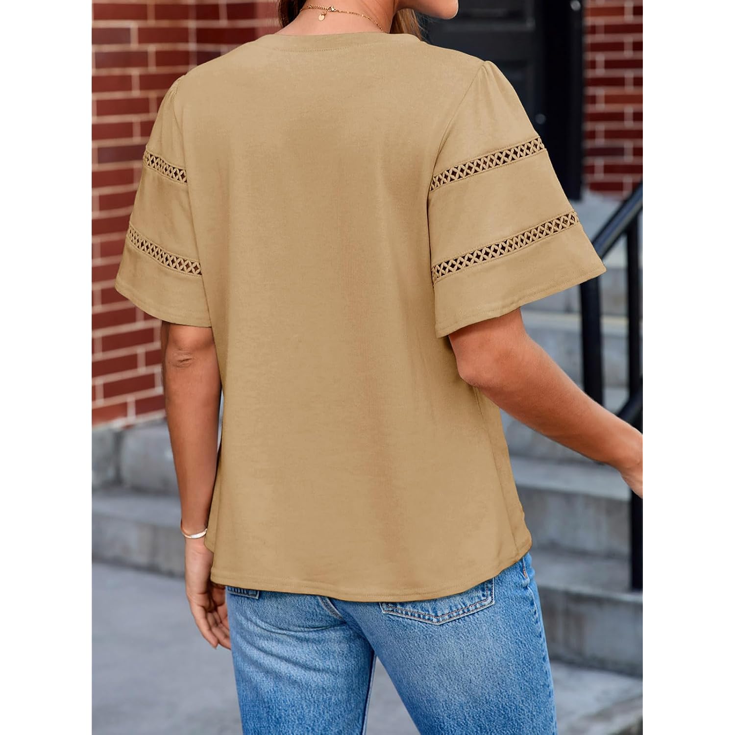 Tankaneo Womens Eyelet Short Sleeve Tops Trendy Casual Loose Fit Tunics Crewneck Summer T Shirts