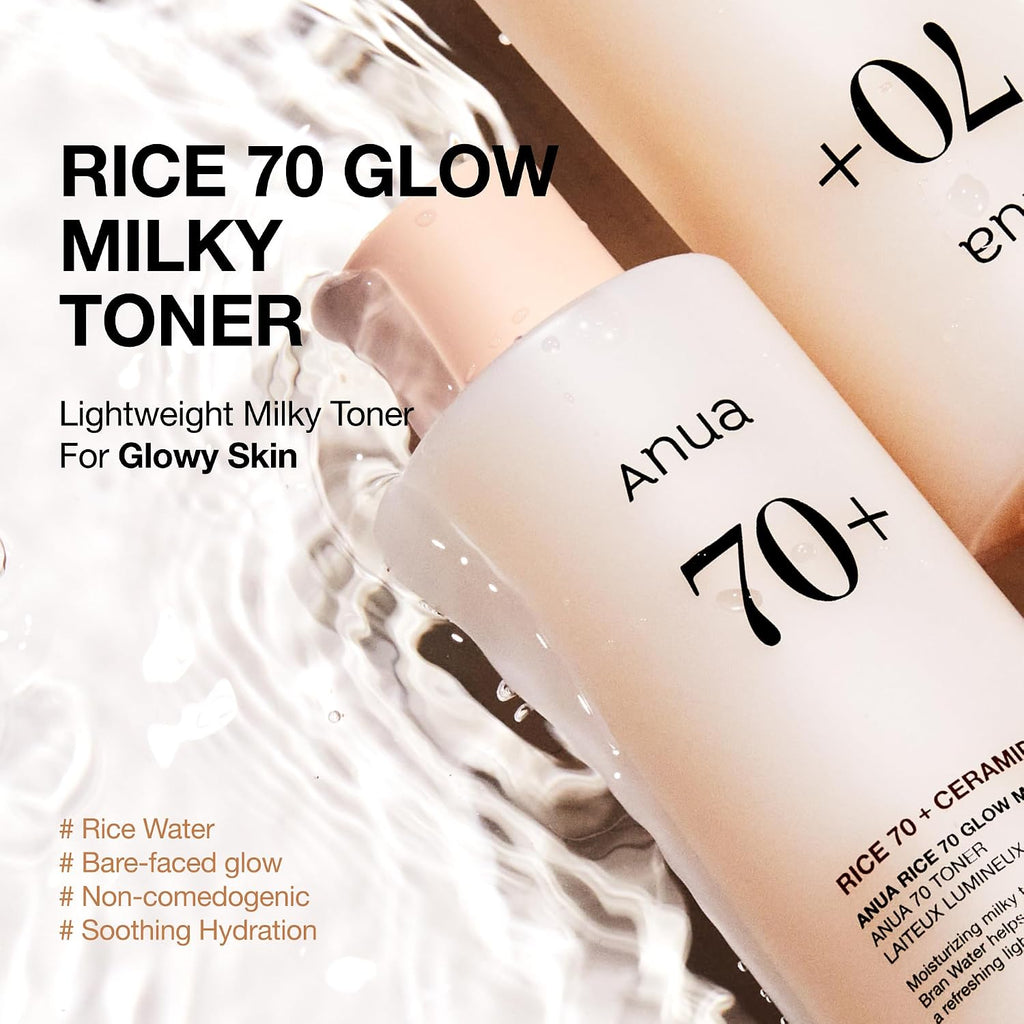 Anua Rice 70 Glow Milky Toner, Glass & Dewy Skin, Hydrating & Barrier Care, Rice Water, Niacinamide, Ceramides, All Skin Types, Fragrance-Free, Non Comedogenic, Korean Skincare, 8.45 Fl.Oz.