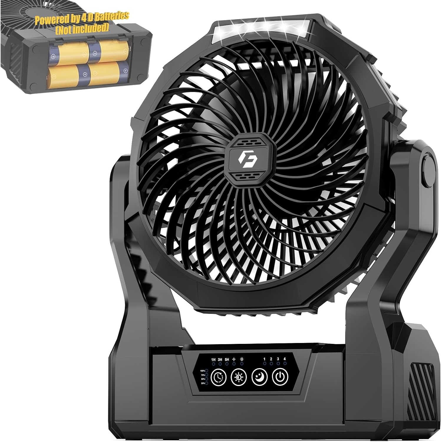 Battery Operated Fan, 2-In-1 D-Cell Battery & Usb Powered Portable Fan With 4 Speeds, 3 Timers & 2 Light Modes, Super Long Lasting Camping Fan For Outdoor Tent Travel Picnic Office Bedroom - Black