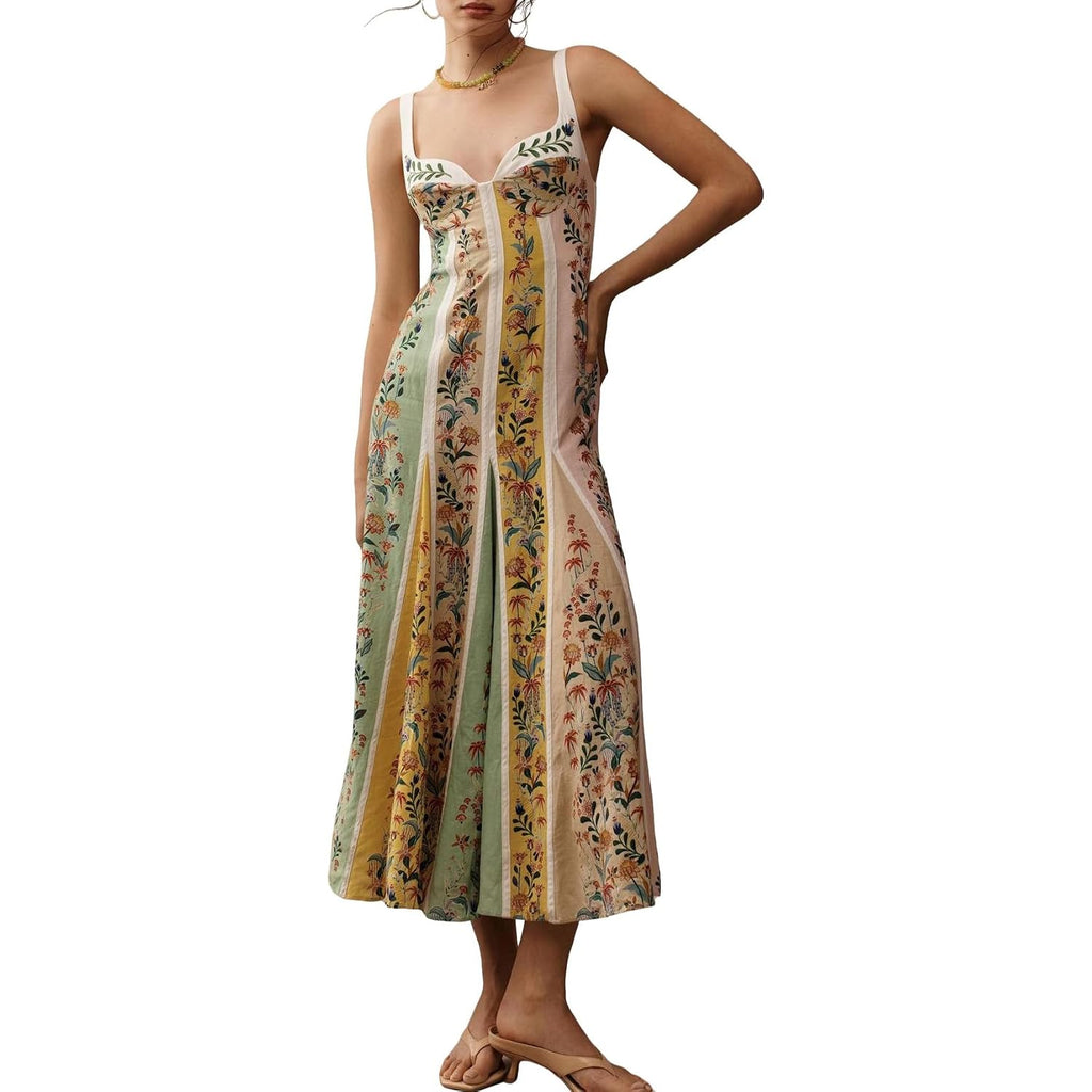 Women'S Boho Print Dress Sleeveless Backless Halter High Waist A Line Vacation Beach Long Dress