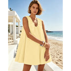 Women'S Sleeveless Babydoll Tank Mini Dress Scoop Neck Ruched Bubble Dress With Pockets Short Summer Party Dresses