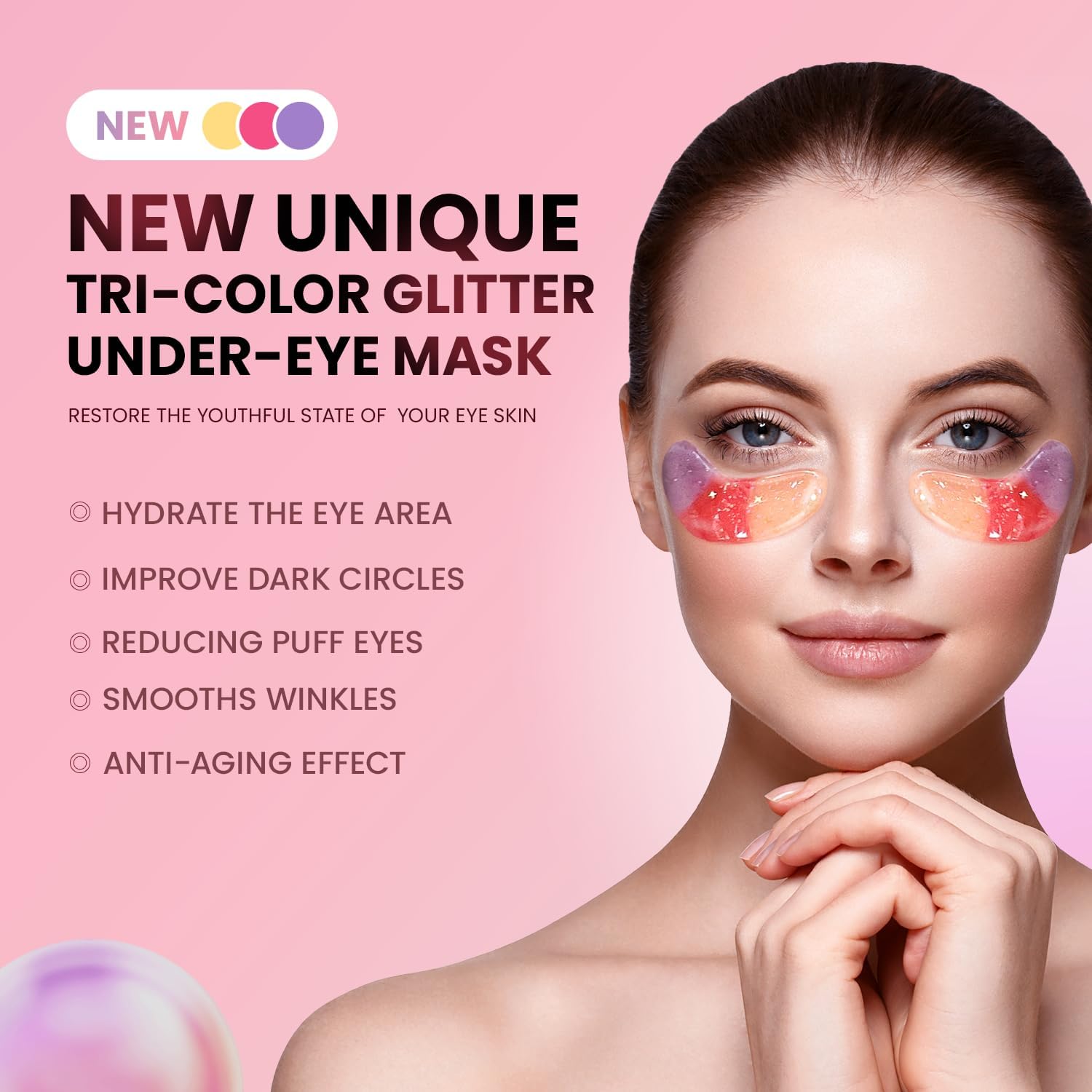 Under Eye Patches (24 Pairs) - Tri-Color Glitter Eye Gel Pads For Dark Circles, Puffy Eyes, Under Eye Bags, Wrinkles | Natural Collagen Under Eye Mask Patches, Gel Under Eye Patches