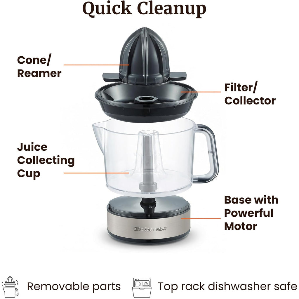 Elite Gourmet ETS623 BPA-Free 40-Watt Electric Citrus Juicer, Compact, Large Volume, Pulp Control, Oranges, Lemons, Limes, Grapefruits with Easy Pour Spout, 24oz, Black/Stainless Steel