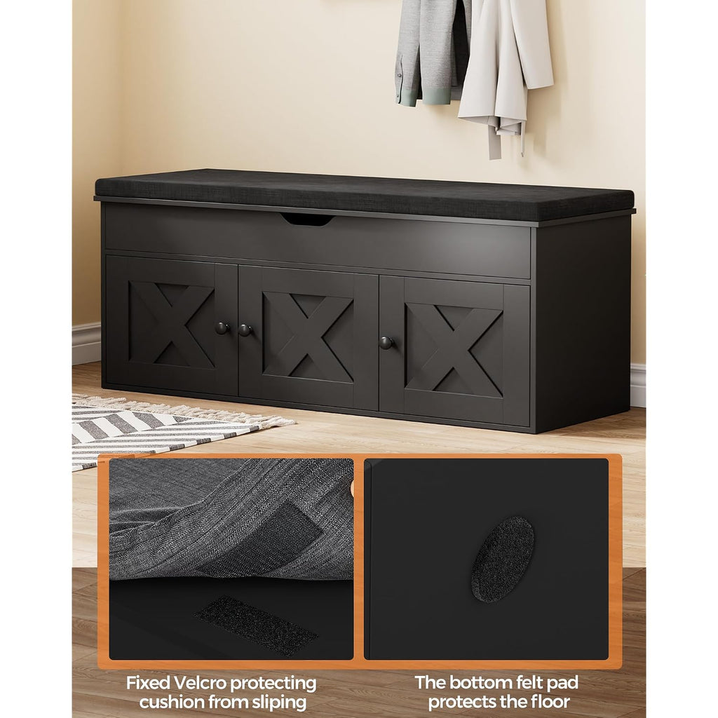 Shoe Storage Bench With Lift Top & 3 Barn Doors, Entryway Bench With Removable Cushion, Adjustable Shelf, Hidden Storage Cabinet For Hallway, Living Room, Bedroom - Black