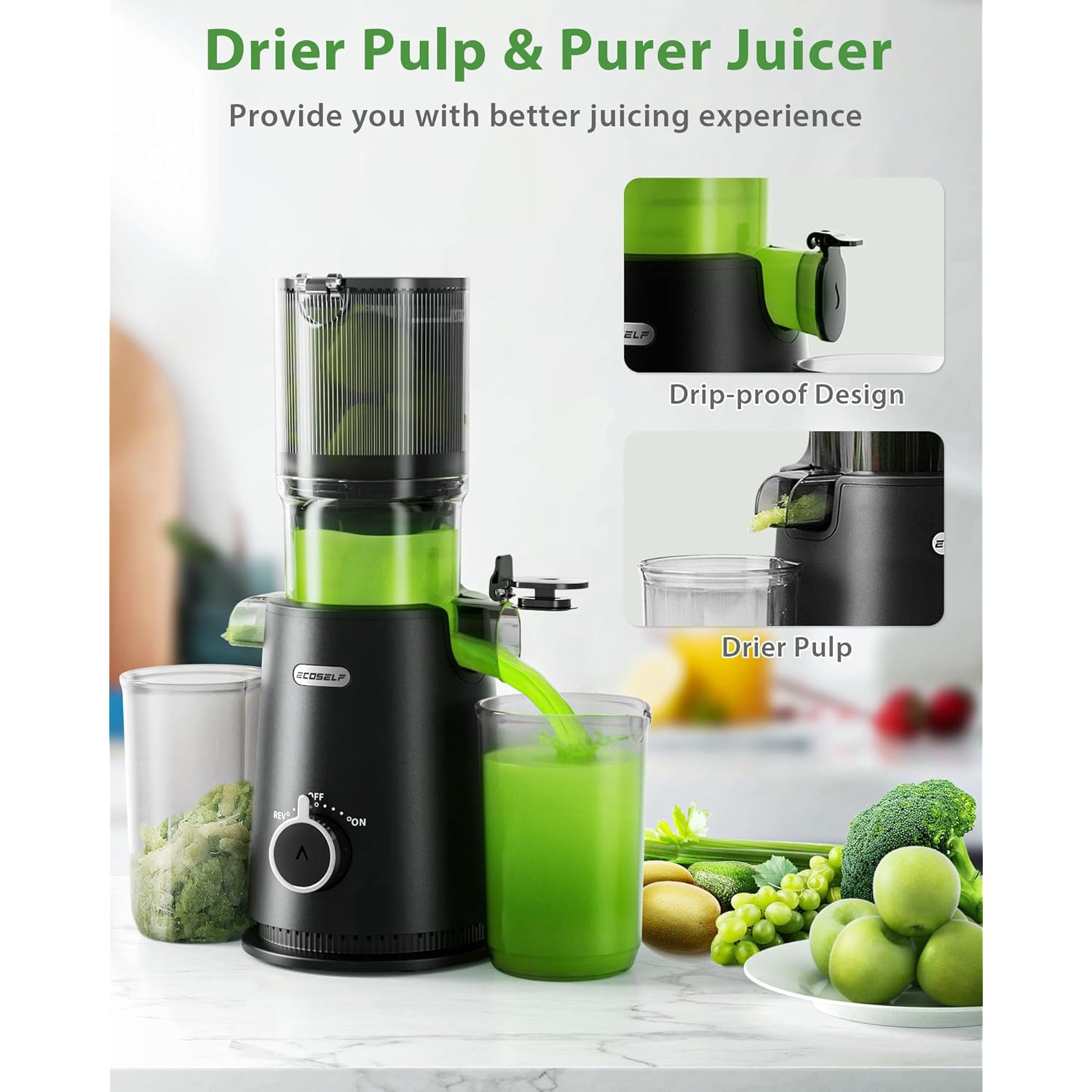 ECOSELF Juicer Machines Easy to Clean, With Wide Mouth & Large Feed Chute For Whole Fruits & Vegetables, Slow Masticating Juicer Hands-Free, Quiet Motor, Cold Press Juicer For Family, With Pusher