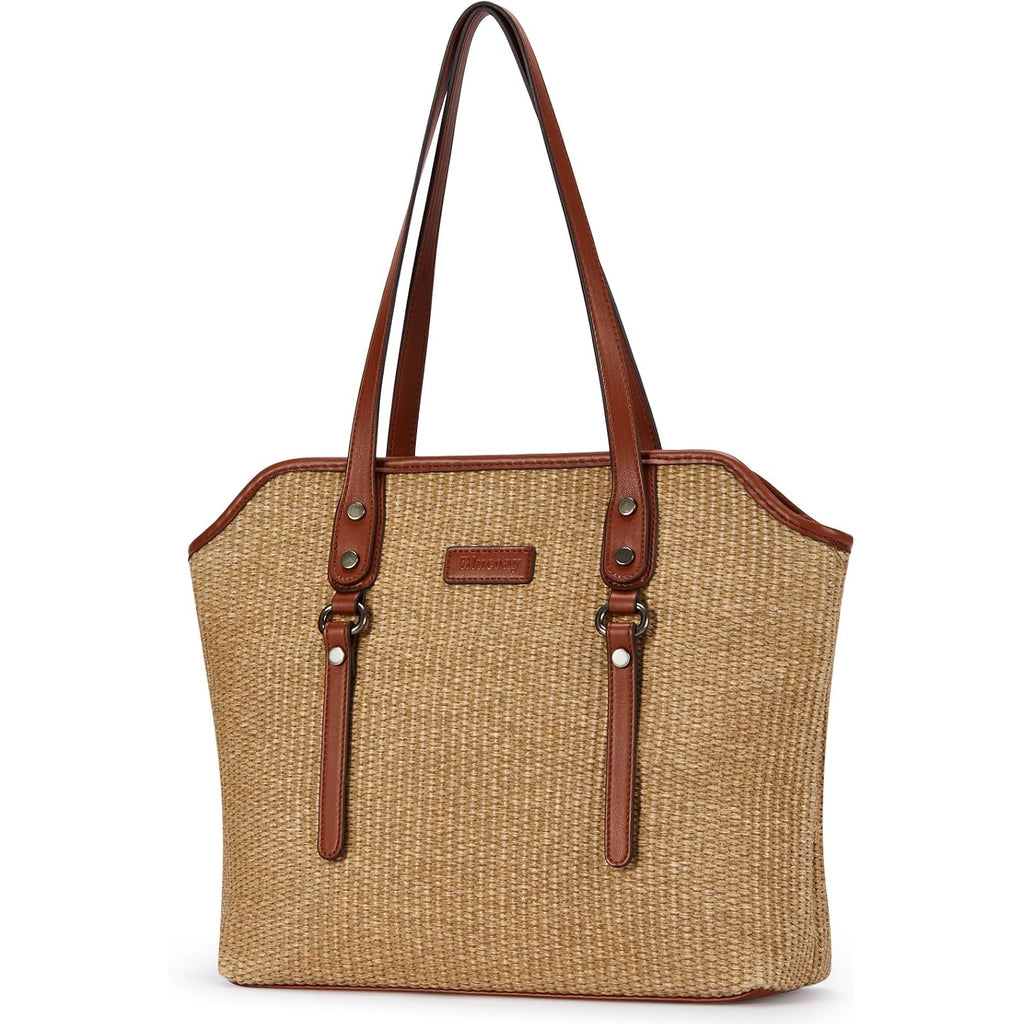 Tote Bag For Women,Large Capacity Straw&Vegan Leather Tote Purses For Women,Shoulder Bags For Daily Travel Work Beach