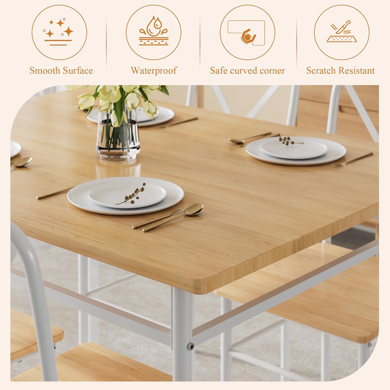 Vecelo 5-Piece Dining Table Set For 4, Wood Dinette With Chairs, Natural | Space-Saving, For Kitchen