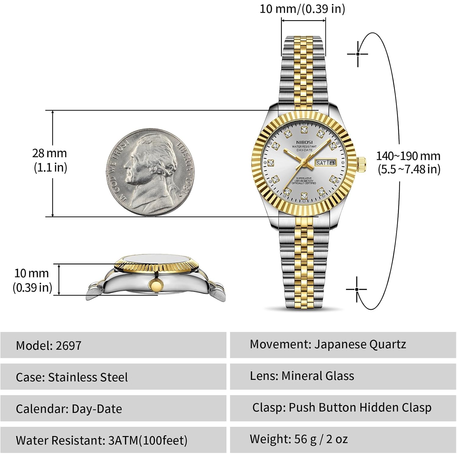 Nibosi Watches For Women Analog Quartz Stainless Steel Dial With Day Date Luminous Waterproof Dainty Classic Luxury Diamond Elegant Dress Women'S Watch For Small Wrists