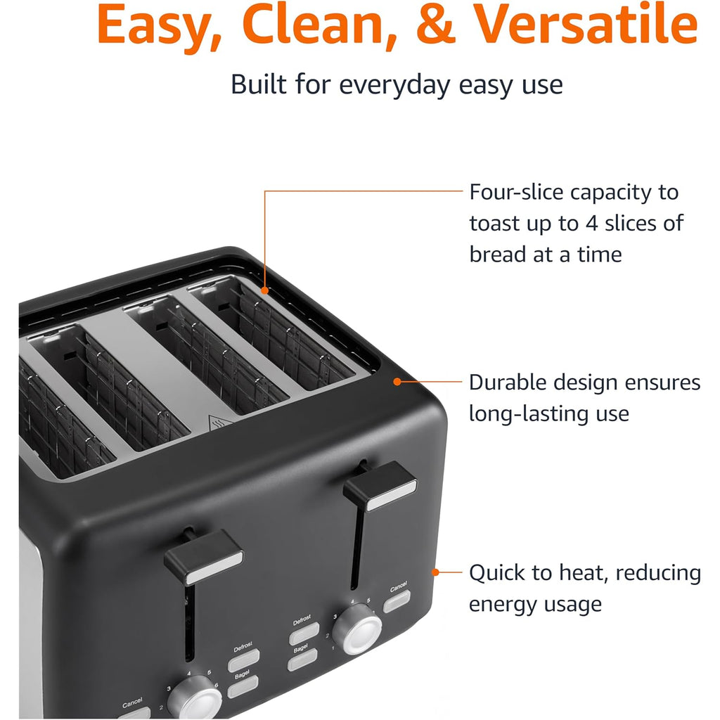 Amazon Basics 4 Slice Toaster, 7 Browning Settings, Extra Wide Slots for Bagels and Specialty Breads, Removable Crumb Tray, Cancel/Defrost/Bagel Buttons, 1500W, Black & Silver