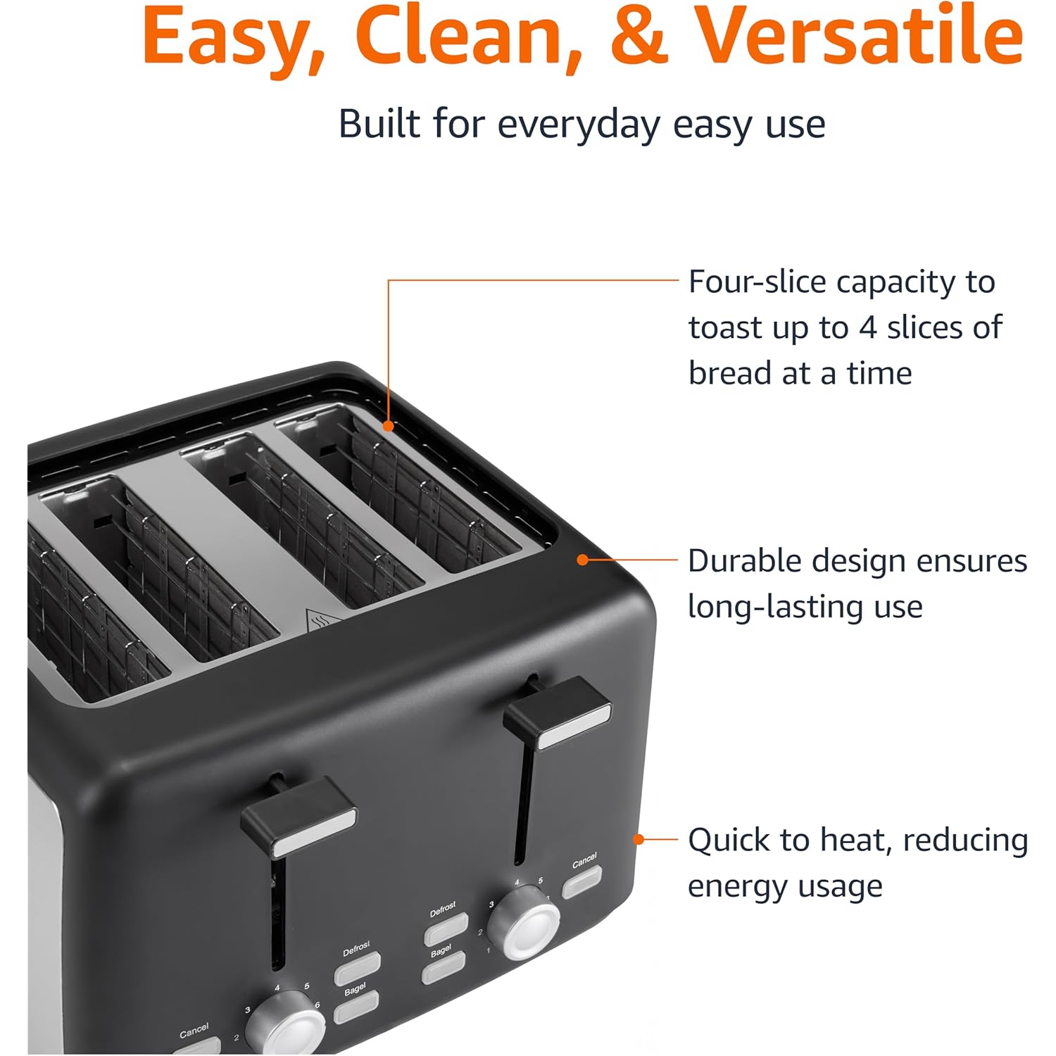 Amazon Basics 4 Slice Toaster, 7 Browning Settings, Extra Wide Slots for Bagels and Specialty Breads, Removable Crumb Tray, Cancel/Defrost/Bagel Buttons, 1500W, Black & Silver