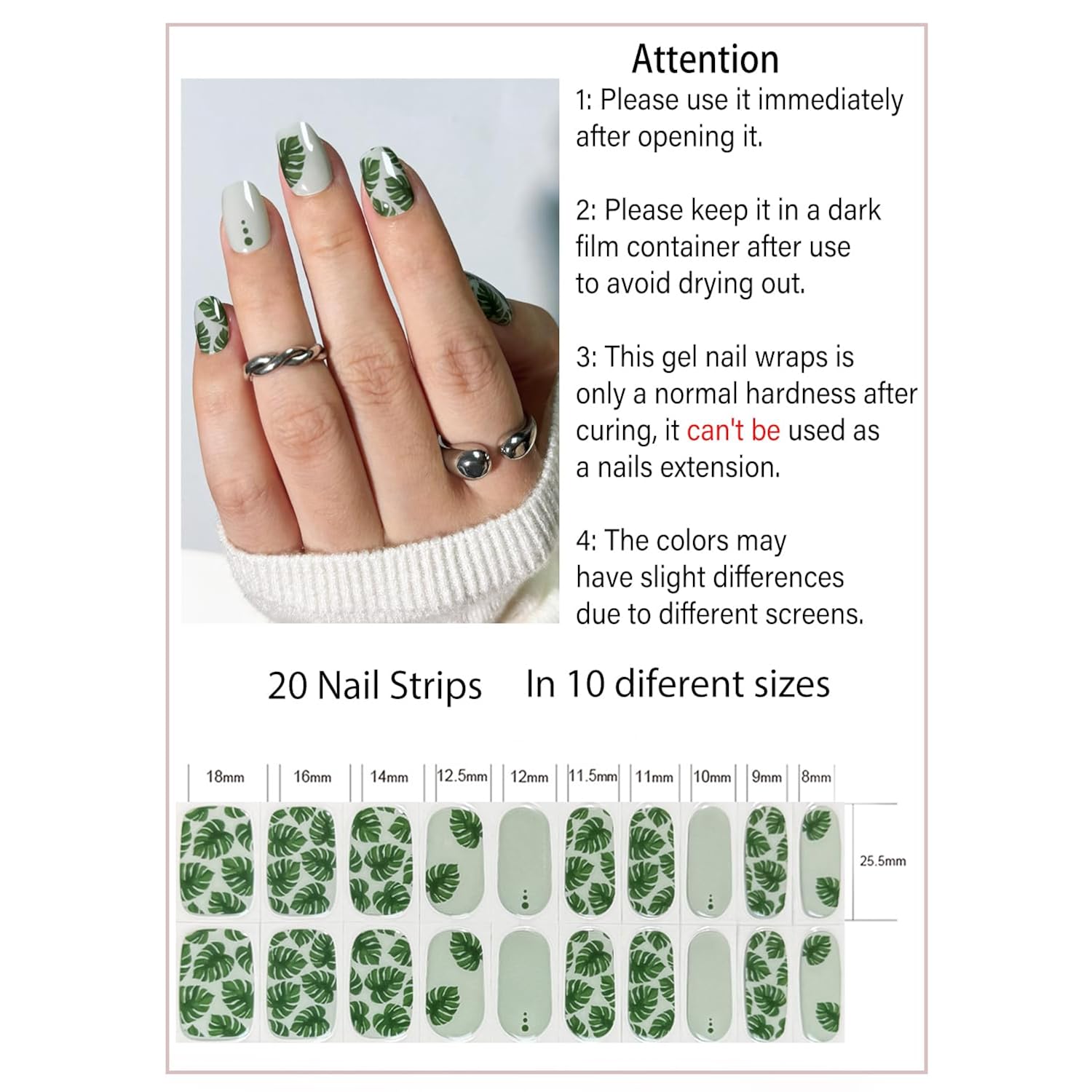 UV Gel Nail Stickers, Green Leaf 20pcs Semi Cured Gel Nail Strips, Wraps for Home Manicure DIY