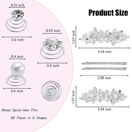 40 Pieces Rhinesetones Hair Clips, Include 4 Piece Crystal Hair Pins and 36 Pieces Spiral Hair Gems, Swirl Diamond Pearl Hairpins Flower Sparkling Hair Accessories for Wedding,brides, Party, Prom