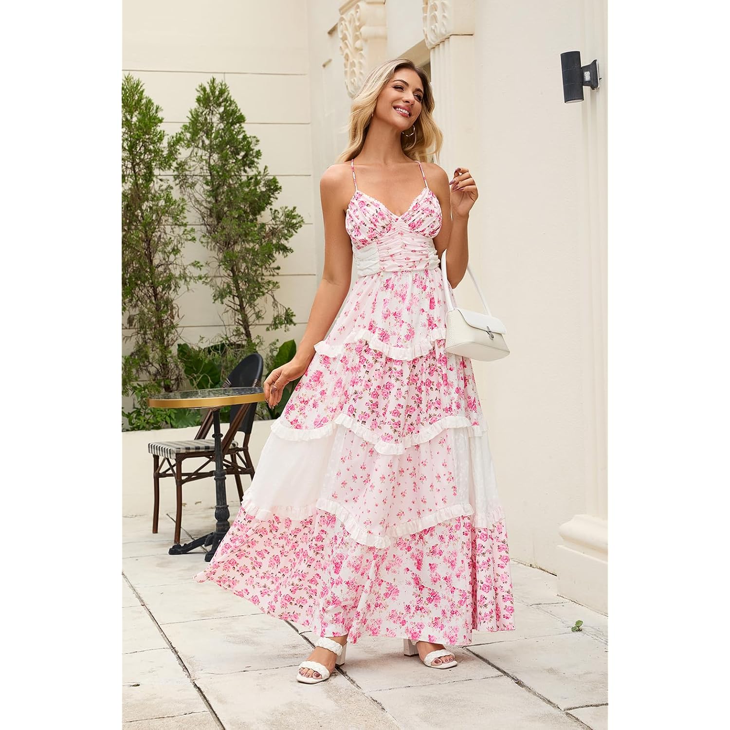 Women Floral Maxi Dress Spaghetti Strap V Neck Patchwork Bohemian Flowy Dresses Summer Fall