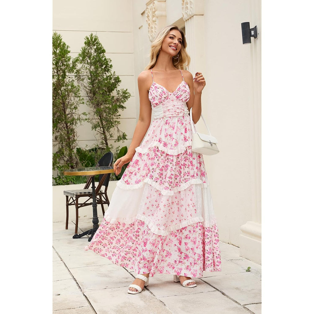 Abyovrt Women Floral Maxi Dress Spaghetti Straps V Neck Patchwork Flowy Boho Sundress Tiered Long Dresses