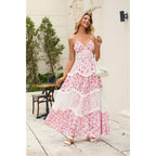 Abyovrt Women Floral Maxi Dress Spaghetti Straps V Neck Patchwork Flowy Boho Sundress Tiered Long Dresses
