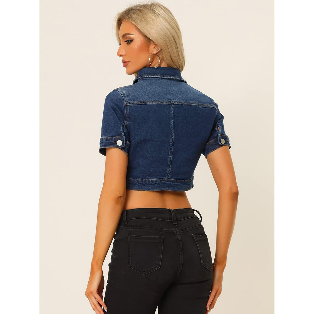Allegra K Casual Denim Jacket For Women Short Sleeves Crop Jean Denim Jacket