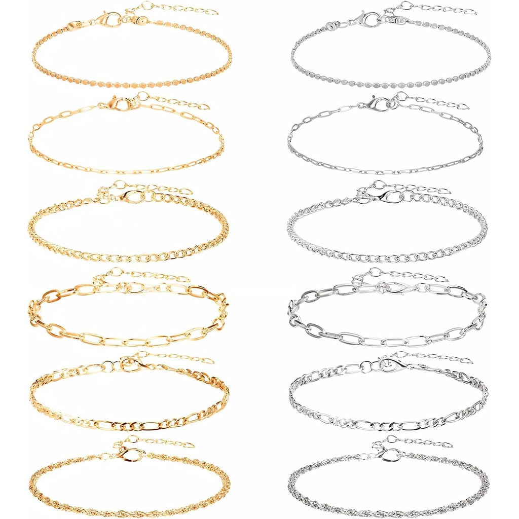 12pcs Gold/Silver Ankle Bracelets for Women Layered Waterproof 14k Cuban Link Chain Anklets Set Adjustable Dainty Summer Beach Gold Accessories Boho Bracelet Jewelry