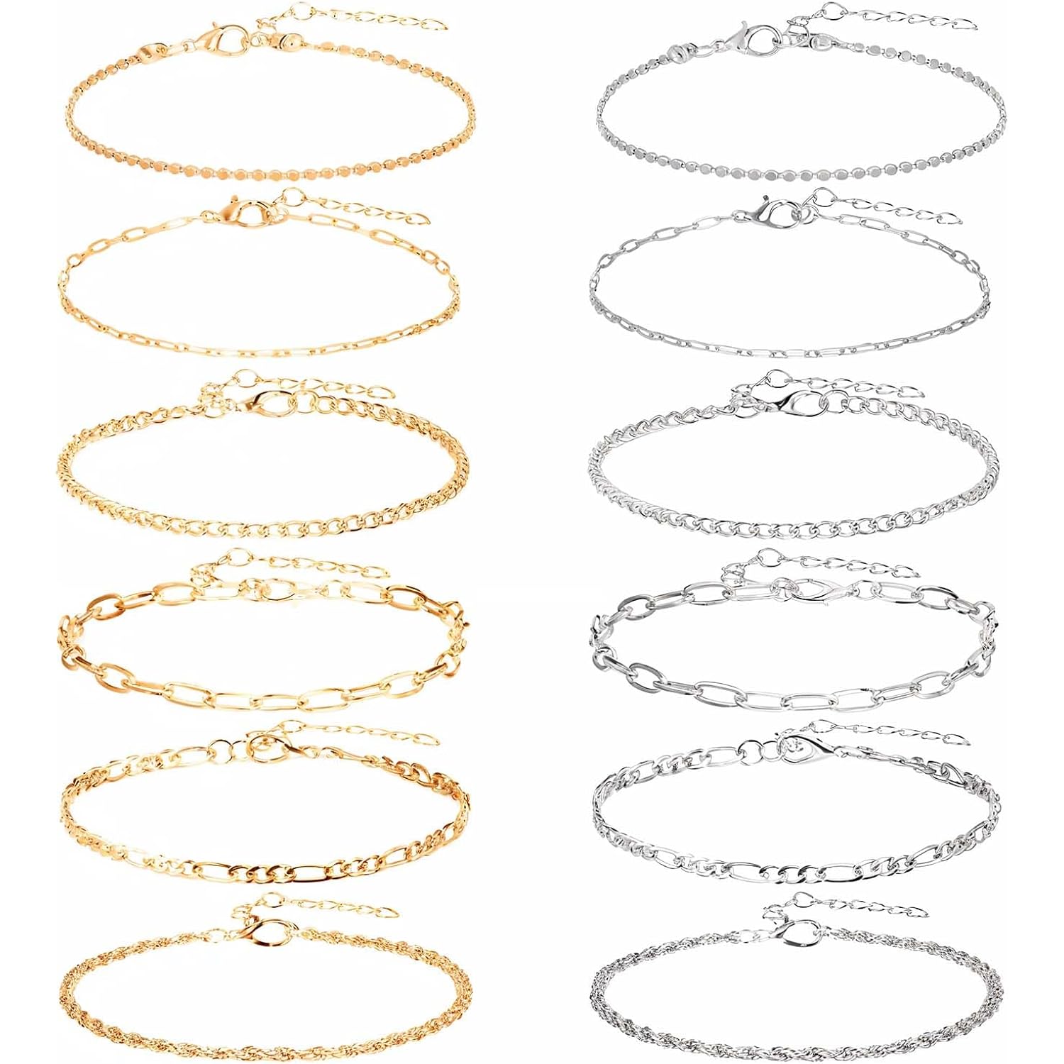 12pcs Gold/Silver Ankle Bracelets for Women Layered Waterproof 14k Cuban Link Chain Anklets Set Adjustable Dainty Summer Beach Gold Accessories Boho Bracelet Jewelry