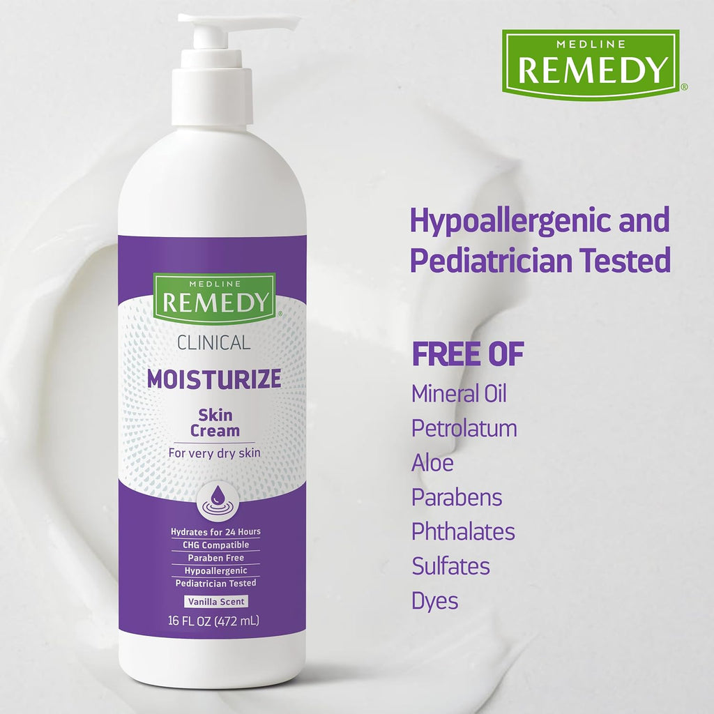 Medline Remedy Clinical Skin Cream, Vanilla Scent (16 Fl Oz), Moisturizing Face And Body Cream For All Ages, Paraben & Sulfate Free, Quick Absorbent Formula, Hypoallergenic Skin Moisturizer