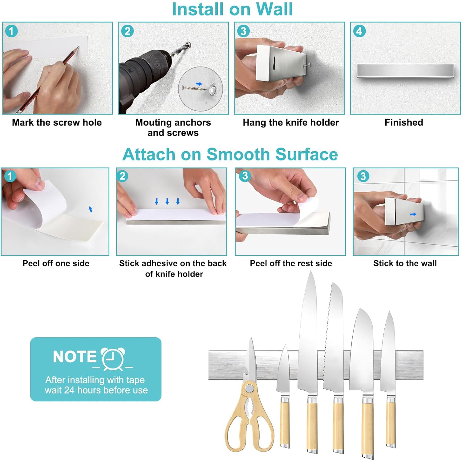 Magnetic Knife Holder for Wall, No Drilling Magnetic Knife Strip Adhesive Knife Holder Magnet Knife Bar, Wall Mount Knife Rack Block Metal Tool Holder for Utensils RV Kitchen Organization, 10 Inch
