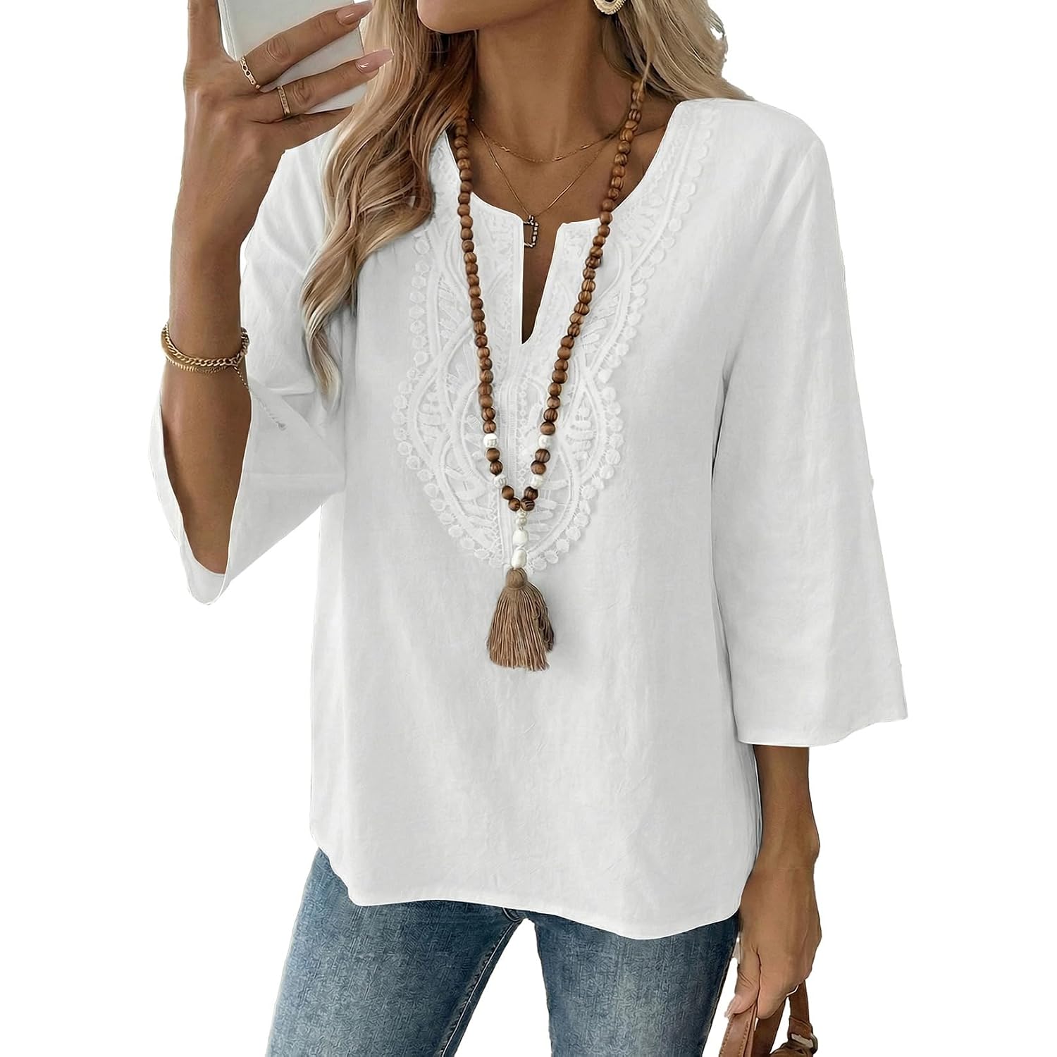 Evaless Boho Tops For Women Blouses Dressy Casual V Neck 3/4 Sleeve Shirts Spring Outfits Trendy Vacation Clothes