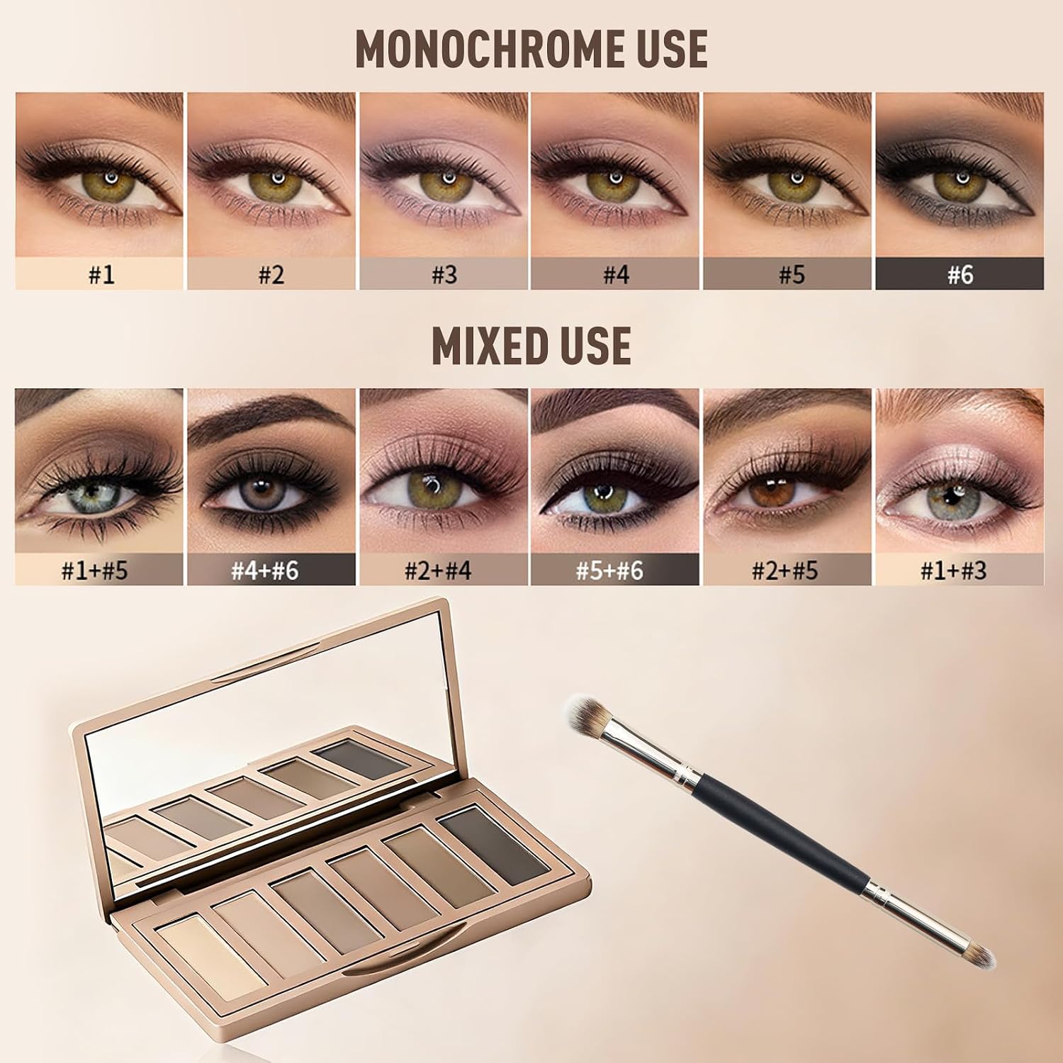6 Matte Neutral Mini Eyeshadow Palette With Brush - Ultra Blendable Cool-Tone Nude Smokey Eye Shadow Palette, Long-Lasting Wear Smooth Texture