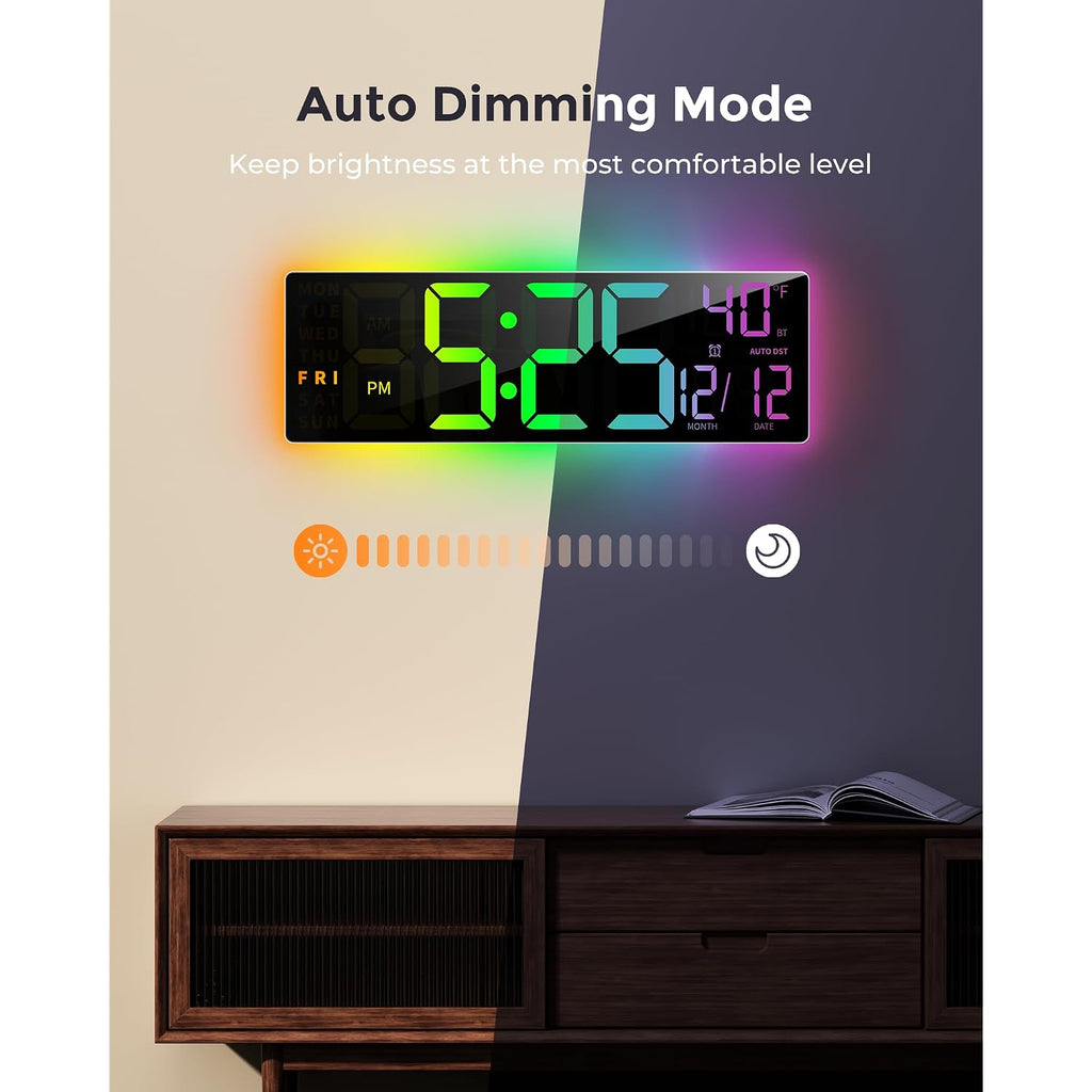Easyera 16.5" Large Digital Wall Clock With Bt Sync, 11 Rgb Lights | 11 Scenes Mode Remote Control, Big Led Clock With Dual Alarms, Auto Dst, Temperature For Classroom Gaming