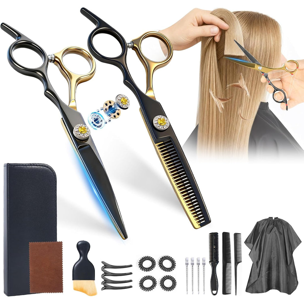 Japanese 6Cr13 Stainless Steel Hair Cutting Scissors Kit, 6” 21-Pcs Barber Scissors Set with Thinning Shears, Sharp No-Pull Blades for Barbers, Cosmetology Students & Home Use