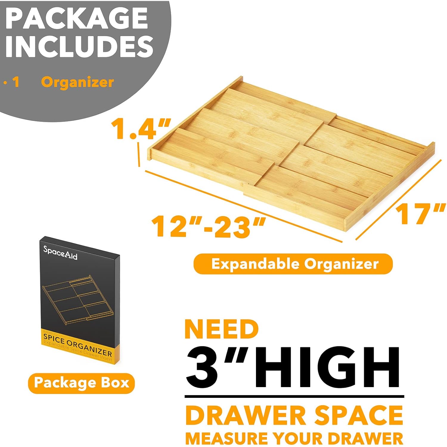 Spaceaid Bamboo Spice Drawer Organizer, (Need 3" Deep Drawer) Expandable 4 Tier Spices Rack For Cabinet, Kitchen Seasoning Storage Insert (Jars Not Included, From 12" To 23" Wide)