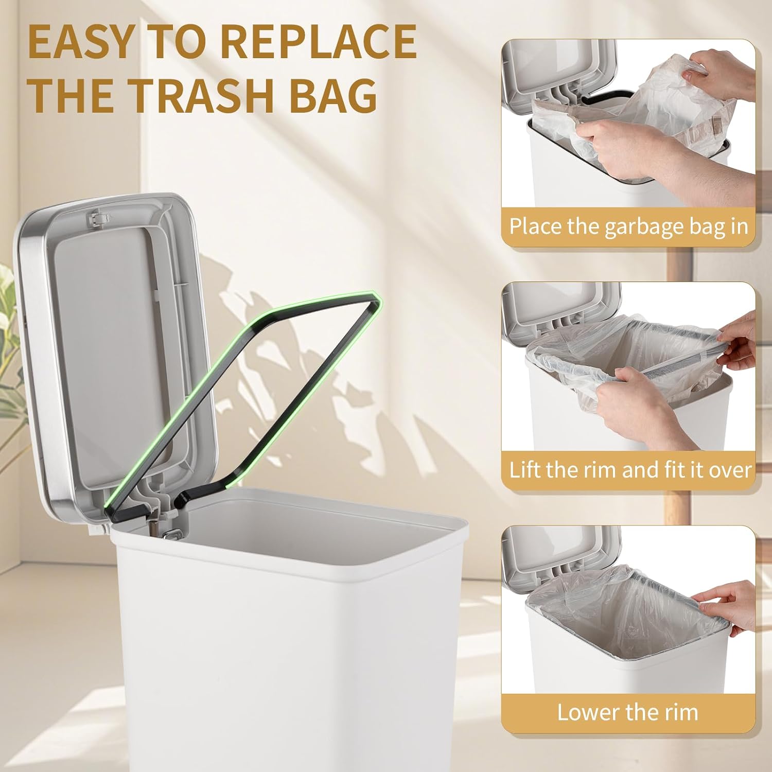 Small Bathroom Trash Can With Lid And 3 Rolls Trash Bags, Step Pedal Wastebasket Plastic Garbage Can With Pop-Up Lid 2.6 Gallon Bin For Kitchen, Bedroom, Office, Dorm, Laundry, Toilet, Rv, White