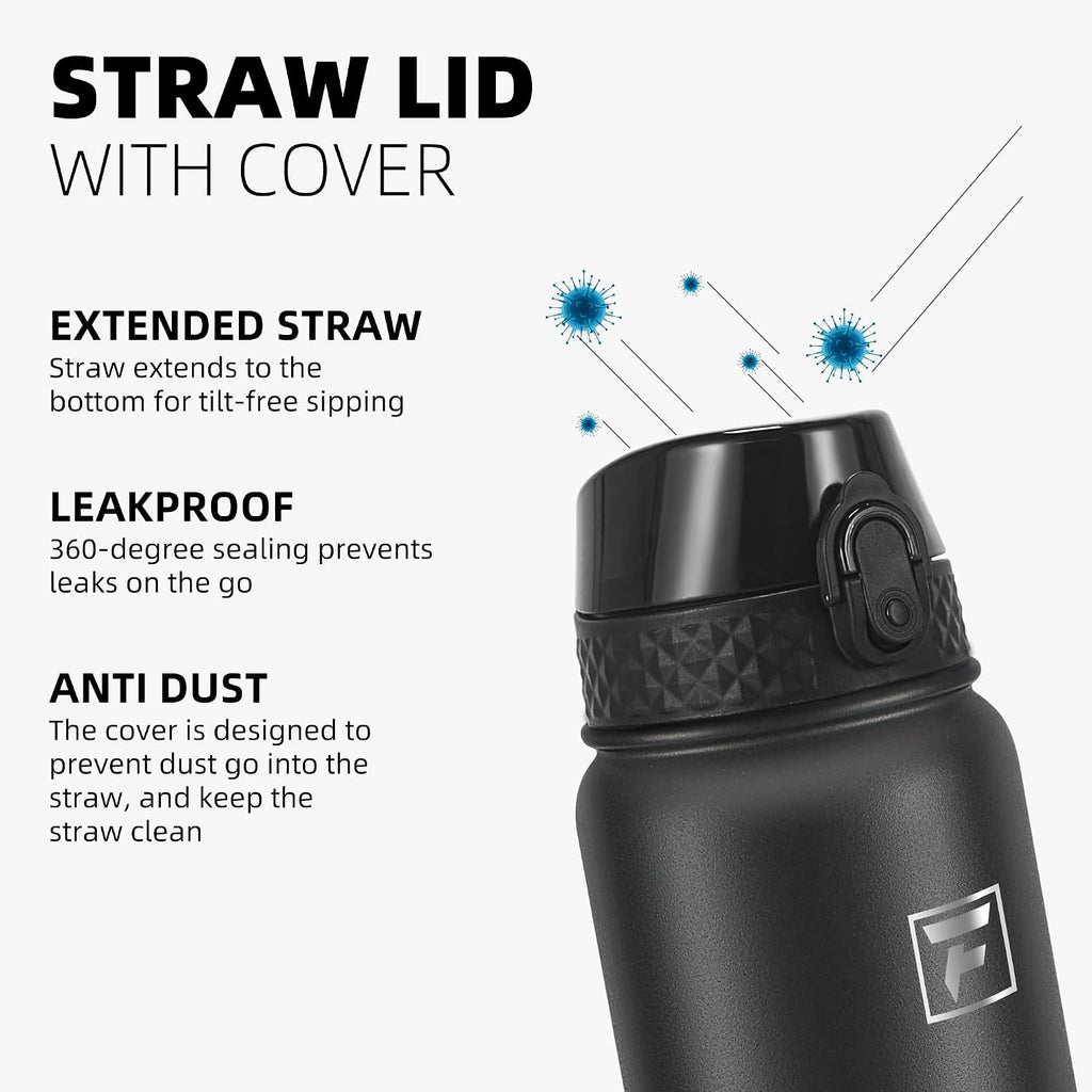 Fanhaw 20 Oz Kids Insulated Stainless Steel Water Bottle With Straw Lid, Leakproof & Anti-Dust Everyday Use Bottle For School, Women & Men, Back To School Essentials (Black)