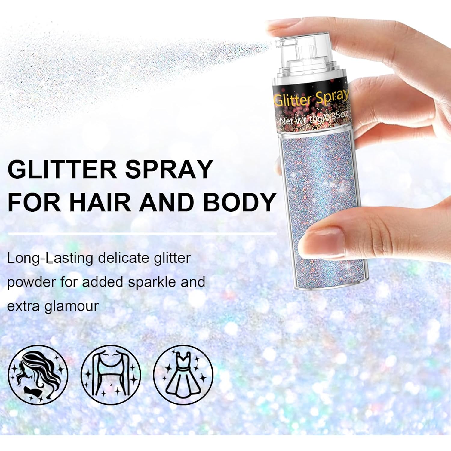Hair and Body Glitter Spray, 1PC Glint-Rainbow Glitter Hairspray Dry Powder Makeup for Clothes, Festival Rave Loose Sparkle Powder,Holographic Ultra Fine Glitters for 4th of July Accessories