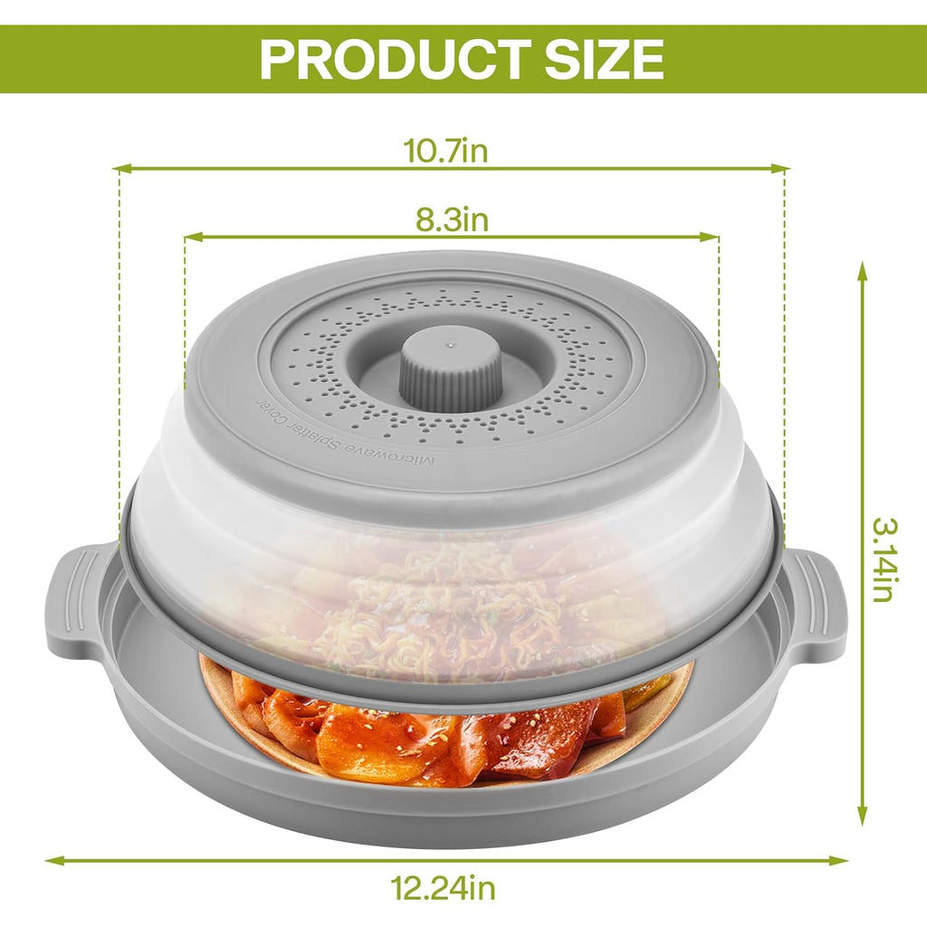 Microwave Splatter Cover for Food with Anti-scald Base Plate,Large BPA-Free Silicone Vented Avoid Scalding Collapsible Guard Lid,Kitchen Essential Gadgets for Meal Prep-10.7 Inch (gray)