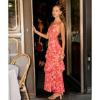 Women'S Floral Maxi Dress Sexy Deep V Neck Backless Ruffles Dresses Beach Party Wedding Guest Dress