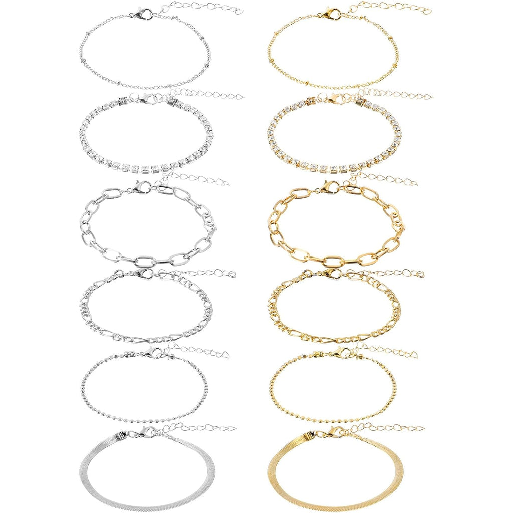 Tyqour 12PCS Ankle Bracelets for Women 9.25 In Anklets for Women Silver Gold Women's Anklets Waterproof Adjustable Size Summer Beach Jewelry Gift for Women Teen