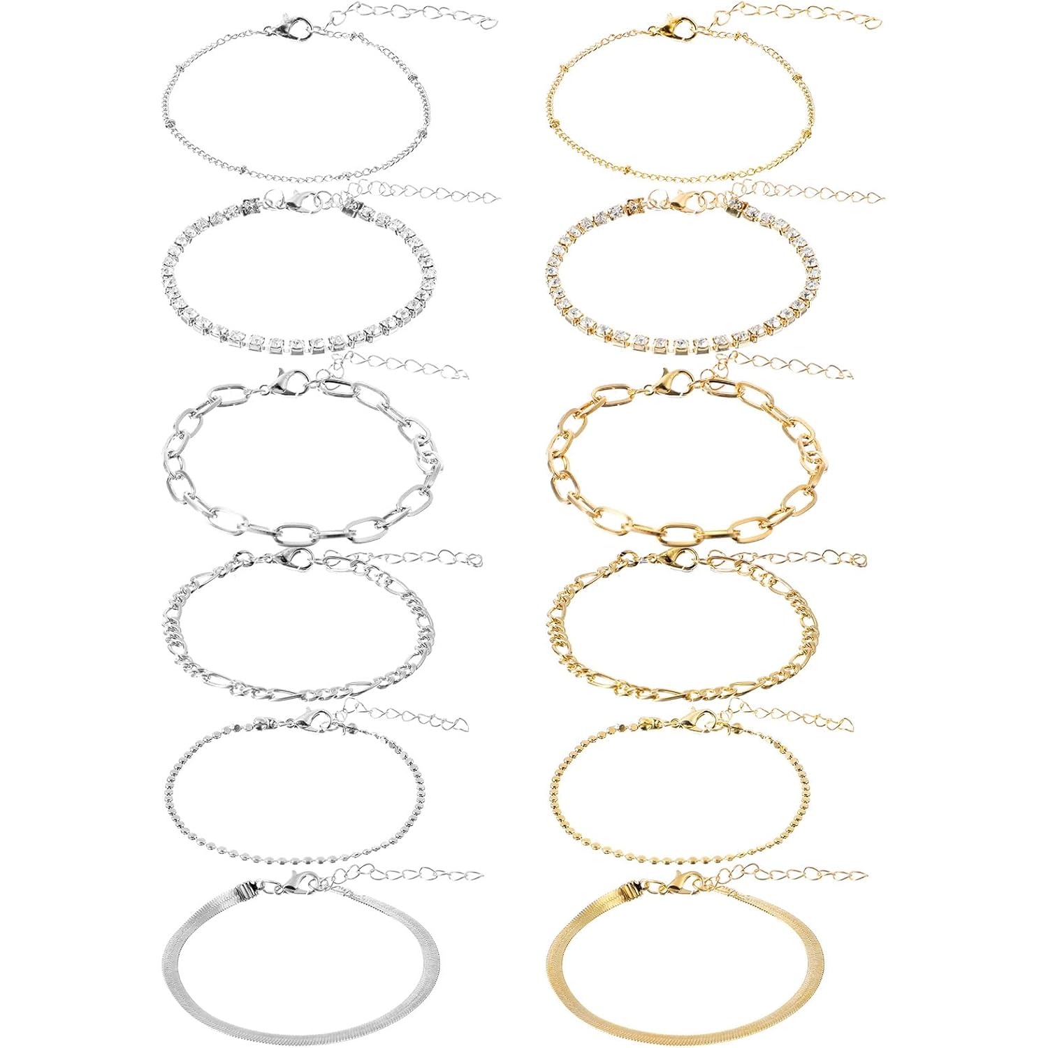 Tyqour 12PCS Ankle Bracelets for Women 9.25 In Anklets for Women Silver Gold Women's Anklets Waterproof Adjustable Size Summer Beach Jewelry Gift for Women Teen