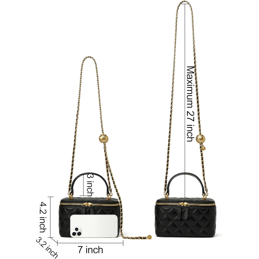 DORIS&JACKY Small Quilted Box Crossbody Purse For Women, Designer Lambskin Leather Mini Top Handle Tote Bag With Chain Strap