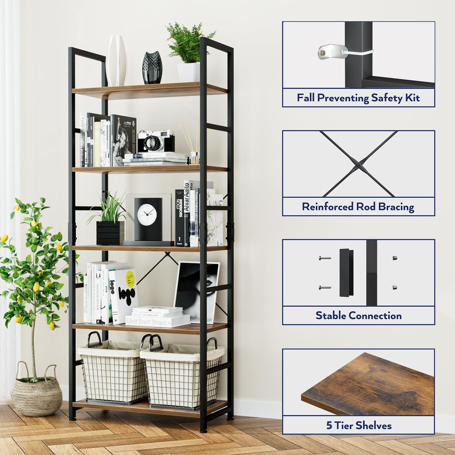 Numenn 5 Tier Bookshelf, Tall Bookcase Shelf Storage Organizer, Modern Book Shelf For Bedroom, Living Room And Home Office, Vintage
