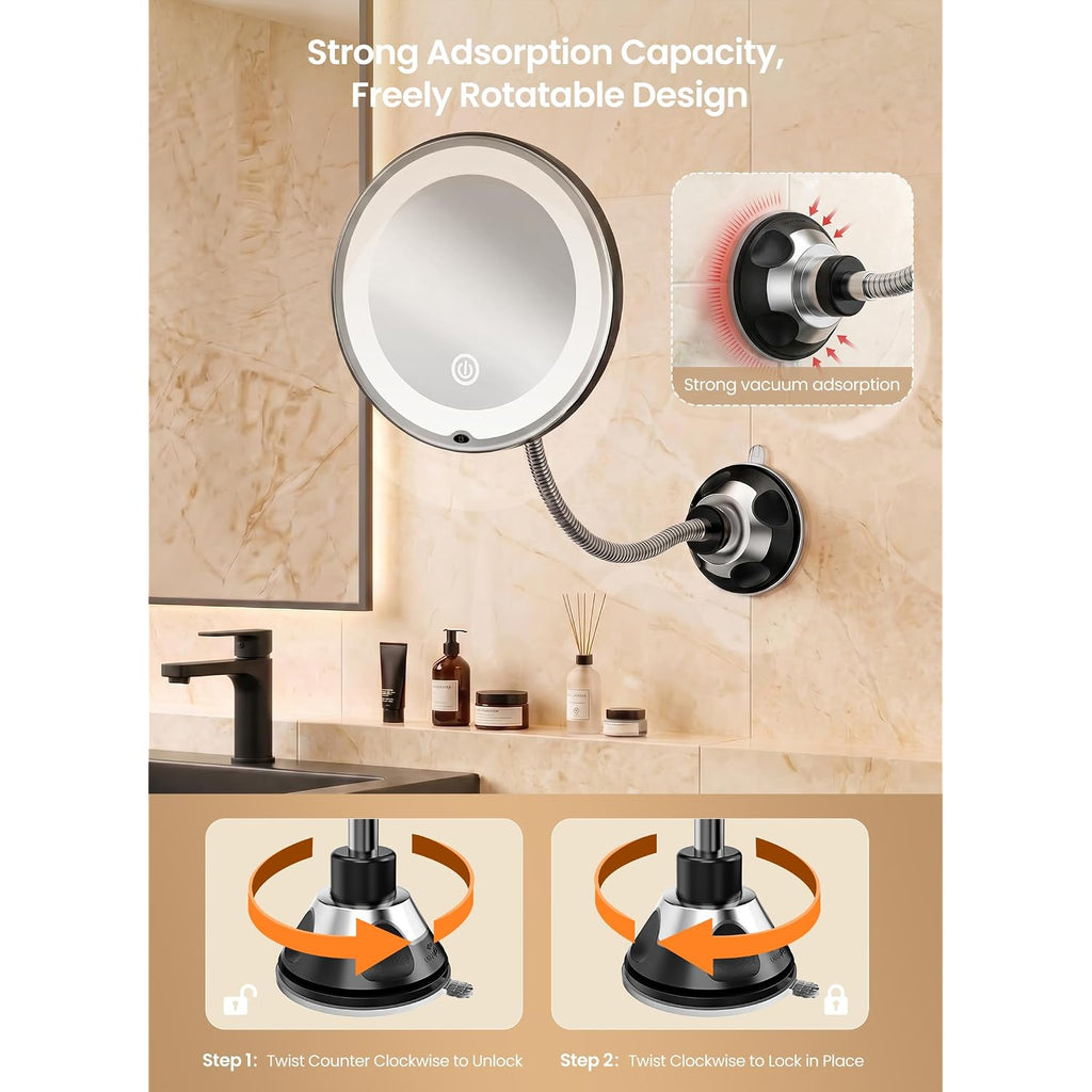 10X Makeup Mirror With Lights, Flexible Magnifying Mirror 3 Light Modes | Wall-Mounted Lighted Vanity Makeup Mirror, Cordless Battery Operated Led Mirror With Suction Cups For Shower Bathroom