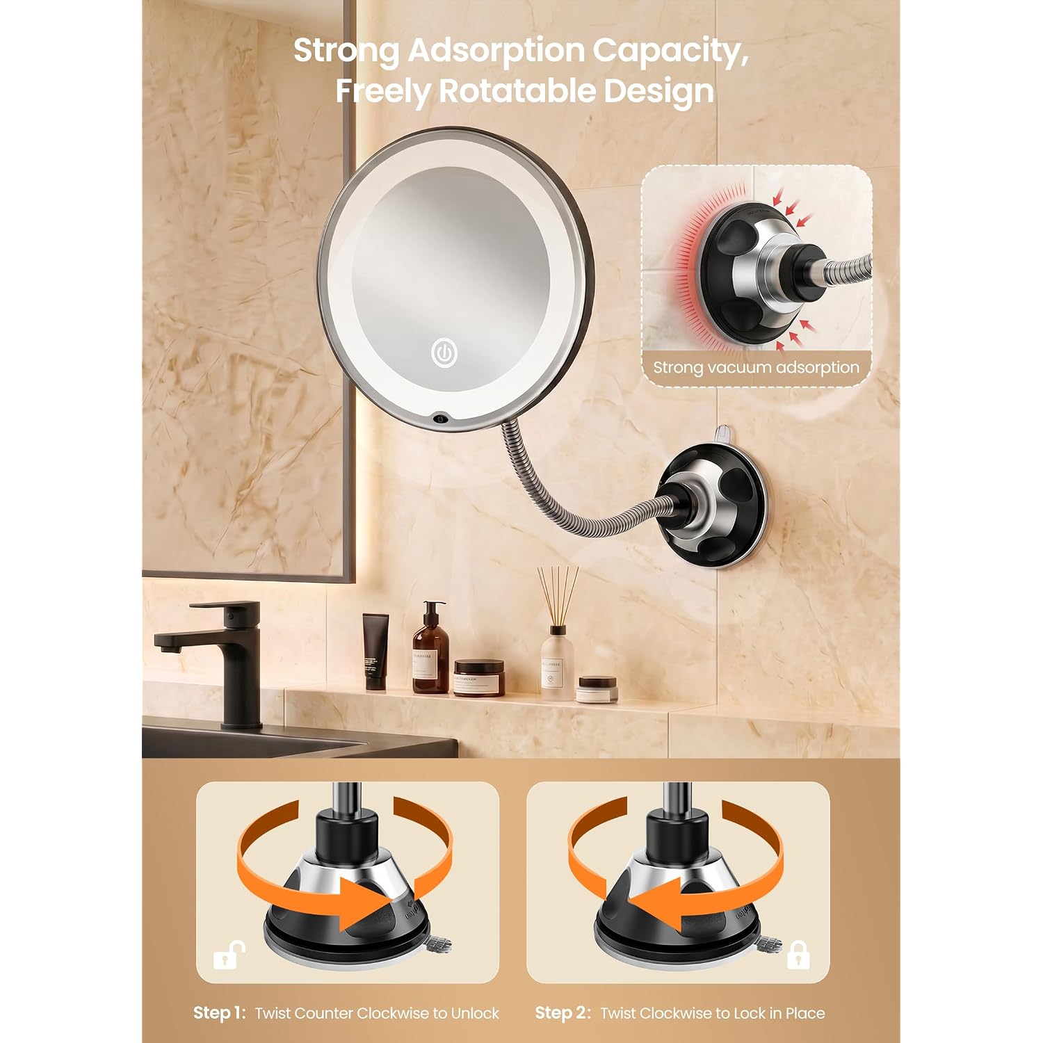 10X Makeup Mirror With Lights, Flexible Magnifying Mirror 3 Light Modes | Wall-Mounted Lighted Vanity Makeup Mirror, Cordless Battery Operated Led Mirror With Suction Cups For Shower Bathroom